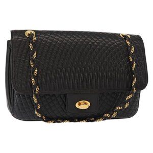 Authentic BALLY Chain Shoulder Bag Leather Black Gold